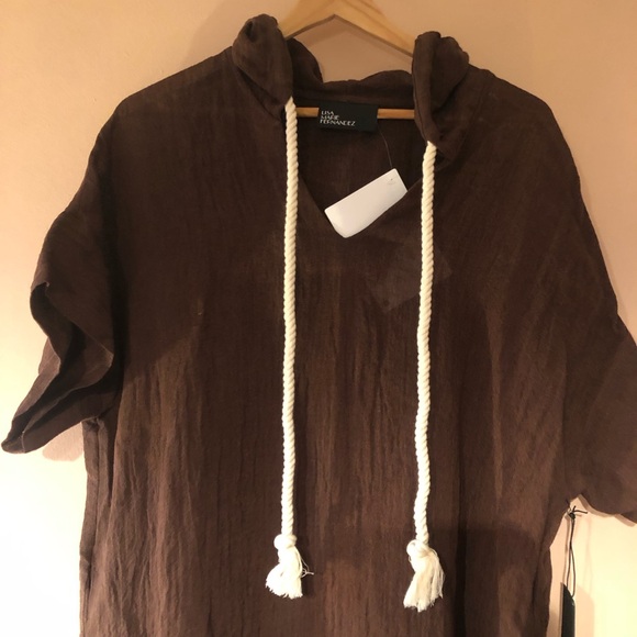 LISA MARIE FERNANDEZ Linen Blend Gauze Brown Drawstring Hooded Kaftan, S/M - Picture 5 of 10